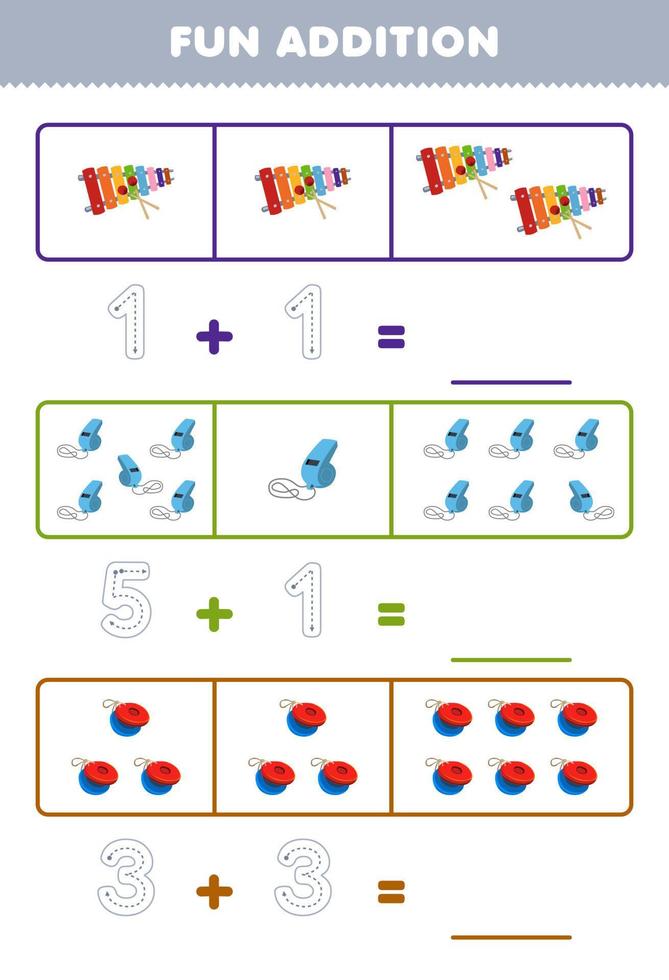 Education game for children fun addition by counting and tracing the number of cartoon xylophone whistle castanet printable music instrument worksheet vector