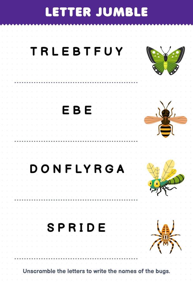 Education game for children letter jumble write the correct name for cute cartoon butterfly bee dragonfly spider printable bug worksheet vector