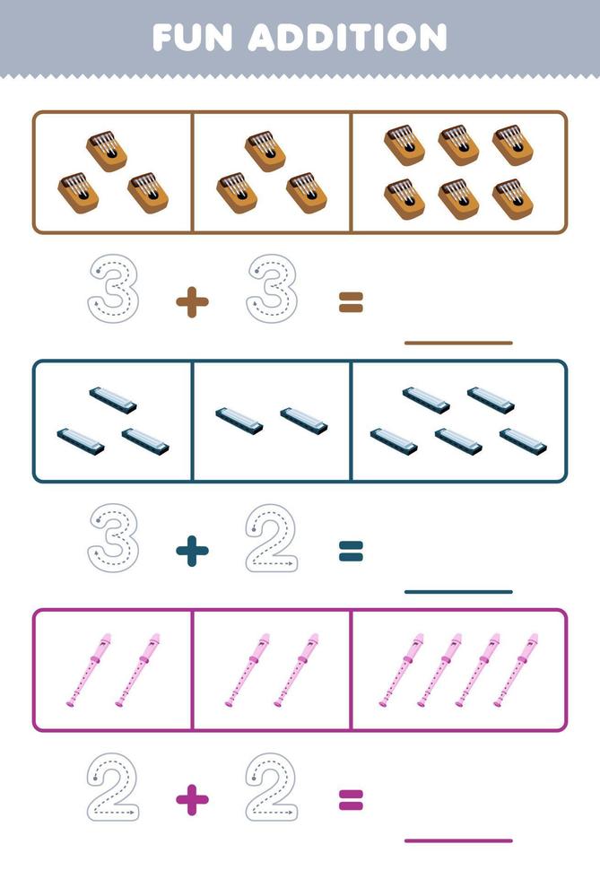 Education game for children fun addition by counting and tracing the number of cartoon kalimba harmonica recorder printable music instrument worksheet vector