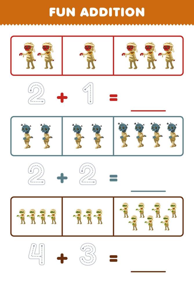Education game for children fun addition by counting and tracing the number of cute cartoon mummy printable halloween worksheet vector