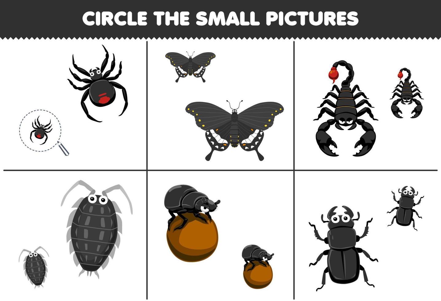 juego educativo para niños elige la imagen pequeña de una linda caricatura araña mariposa escorpión piojo escarabajo hoja de trabajo de error imprimible vector