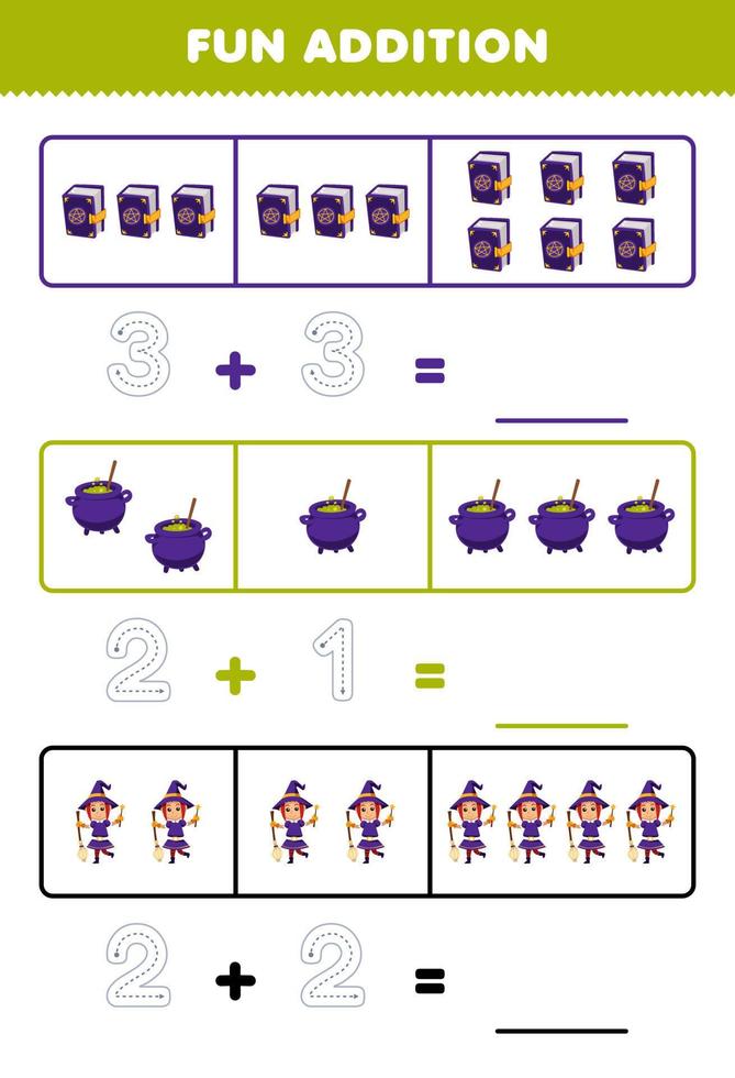 Education game for children fun addition by counting and tracing the number of cute cartoon spell book cauldron witch printable halloween worksheet vector