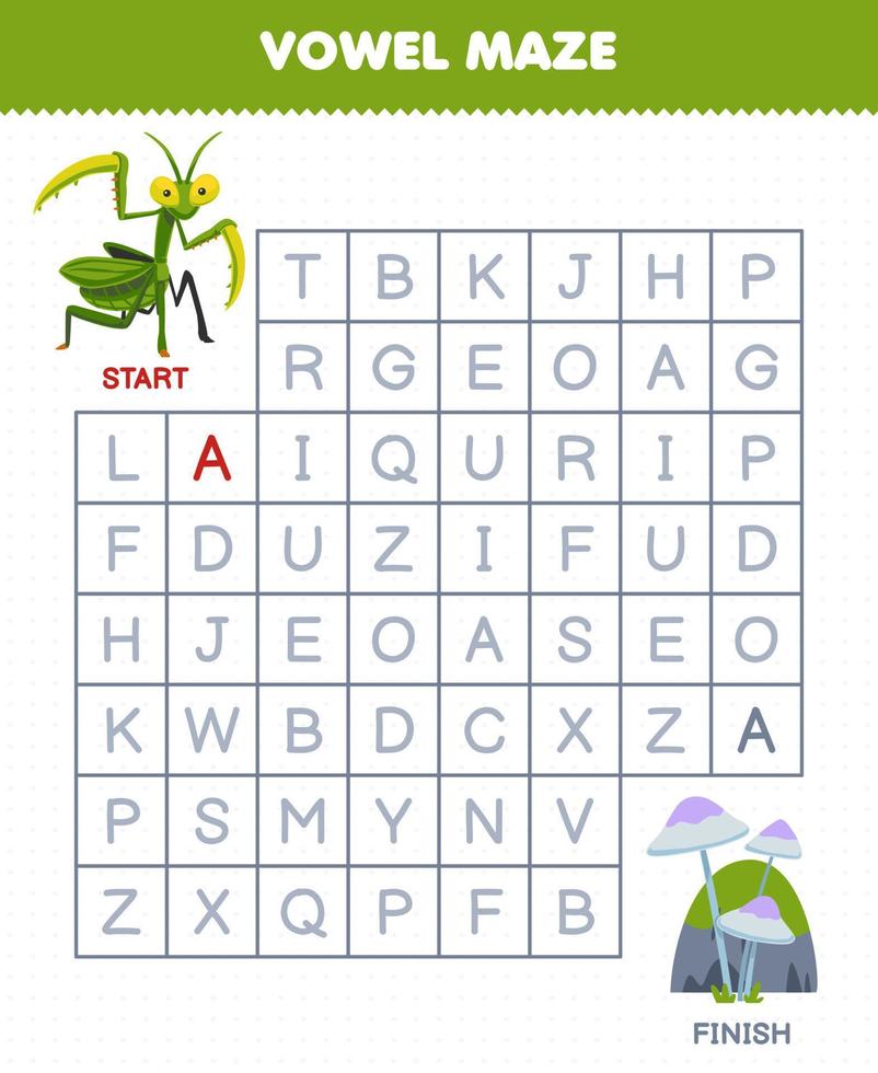 juego educativo para niños laberinto de vocales ayuda a la mantis de dibujos animados lindo a moverse a la hoja de trabajo de error imprimible de hongos y piedras vector