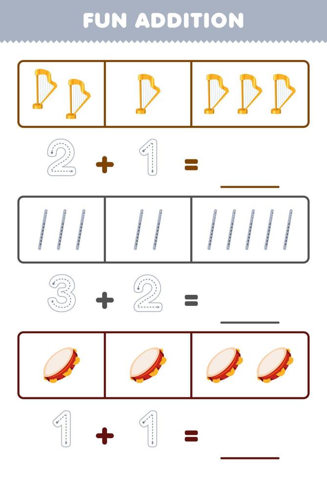 Education game for children fun addition by counting and tracing the number of cartoon harp flute tambourine printable music instrument worksheet vector