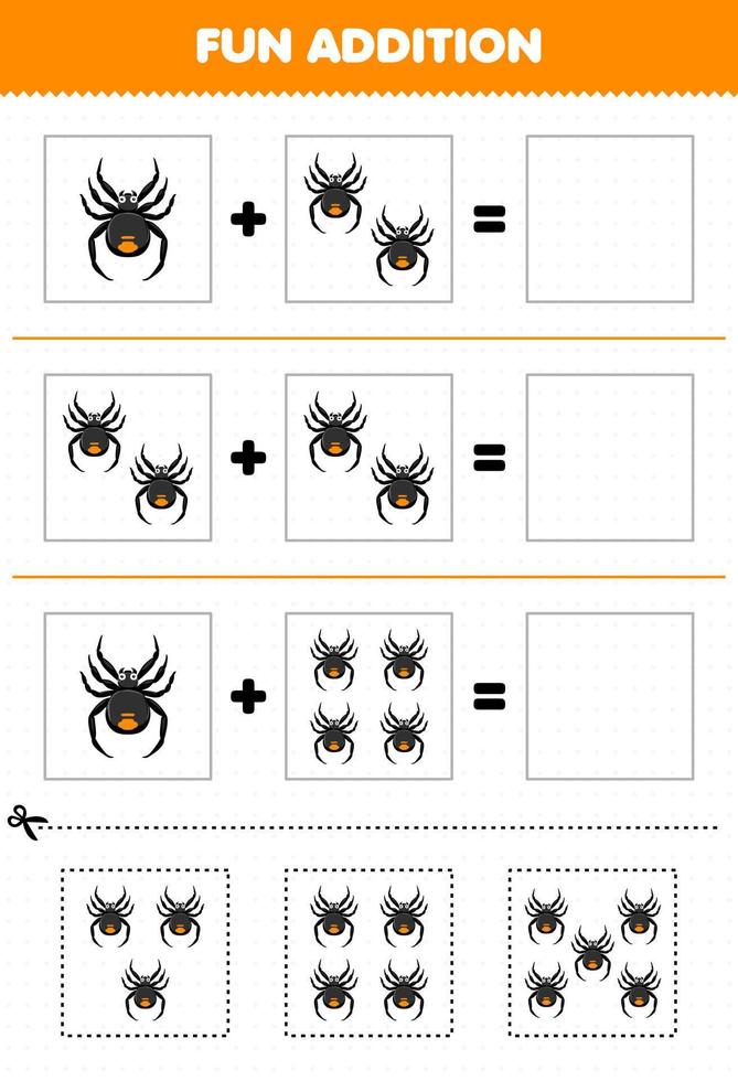 Education game for children fun addition by cut and match of cute cartoon spider pictures for printable bug worksheet vector