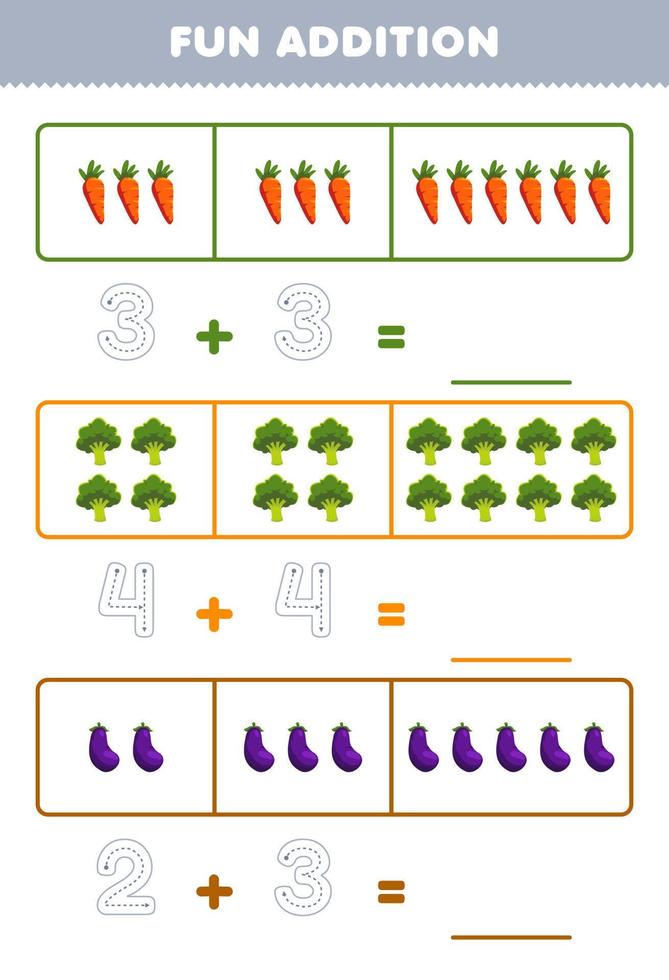 Education game for children fun addition by counting and tracing the number of cute cartoon carrot broccoli eggplant printable vegetable worksheet vector