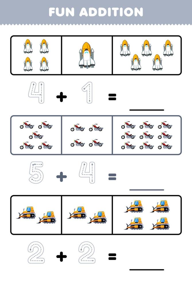 Education game for children fun addition by counting and tracing the number of cute cartoon spaceship motorcycle bulldozer printable transportation worksheet vector
