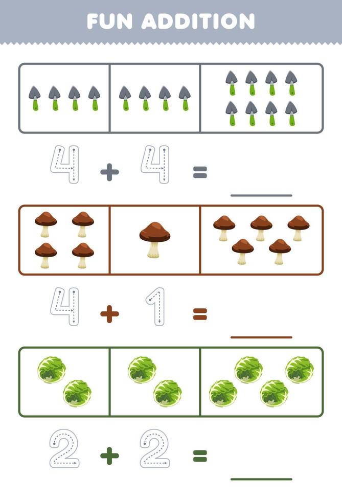 juego educativo para niños divertido además contando y rastreando el número de hojas de trabajo de verduras imprimibles de dibujos animados pala champiñones repollo vector