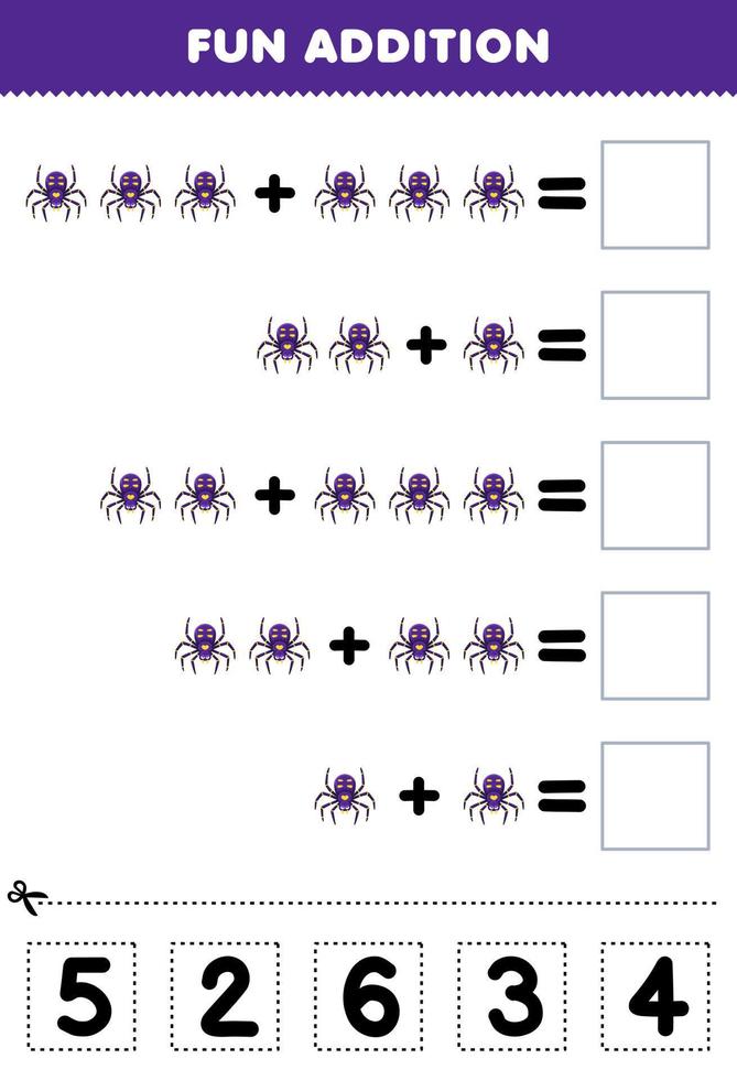 juego educativo para niños divertido además de cortar y combinar el número correcto para la hoja de trabajo de error imprimible de araña de dibujos animados lindo vector