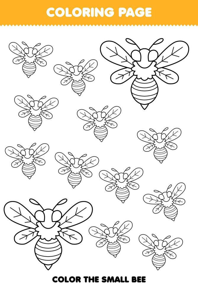 Education game for children coloring page big or small picture of cute cartoon bee line art printable bug worksheet vector