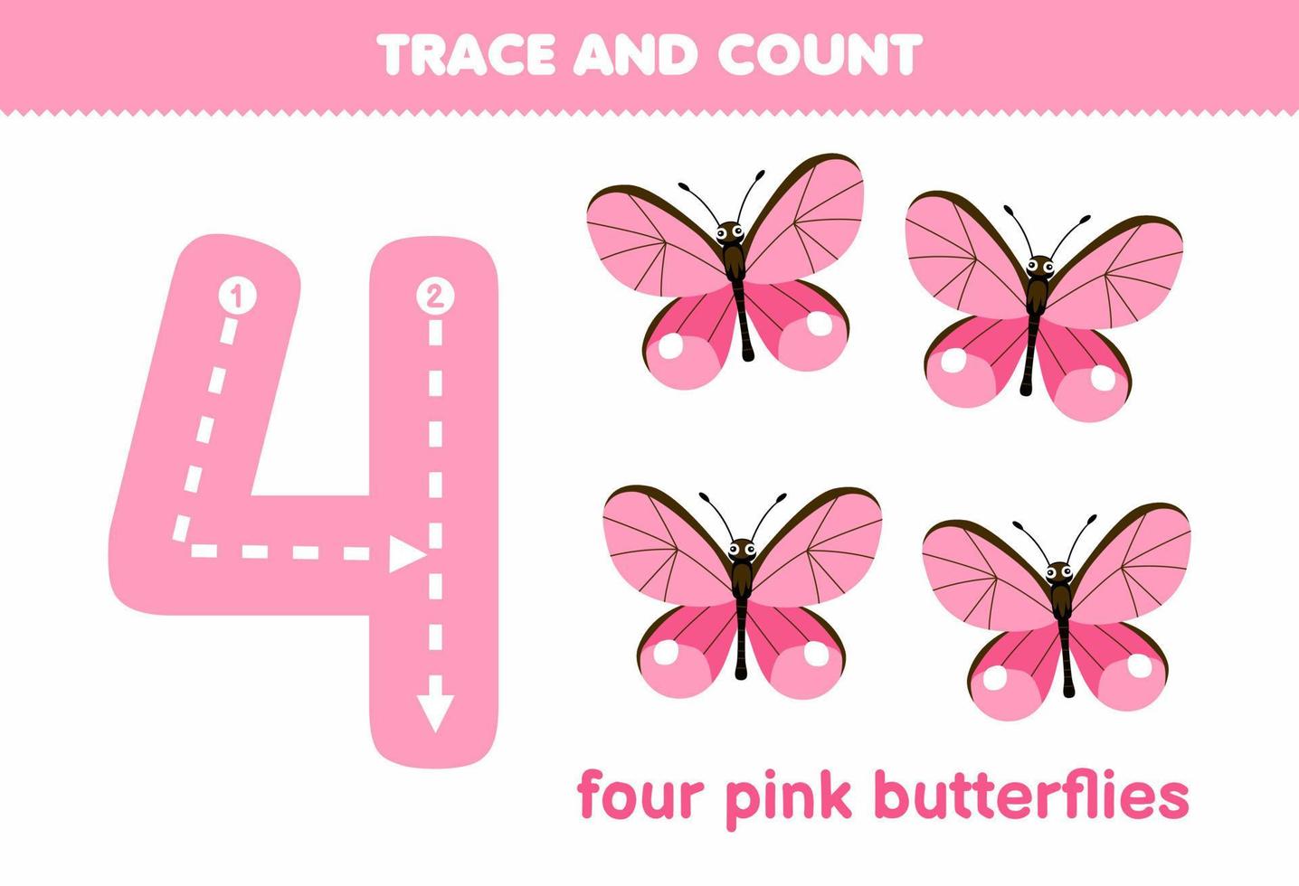 Education game for children fun counting four pink butterflies printable bug worksheet vector