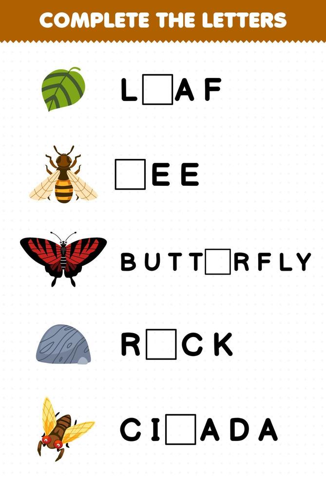 juego educativo para niños completar las letras de la hoja de dibujos animados linda abeja mariposa roca cigarra hoja de trabajo de error imprimible vector