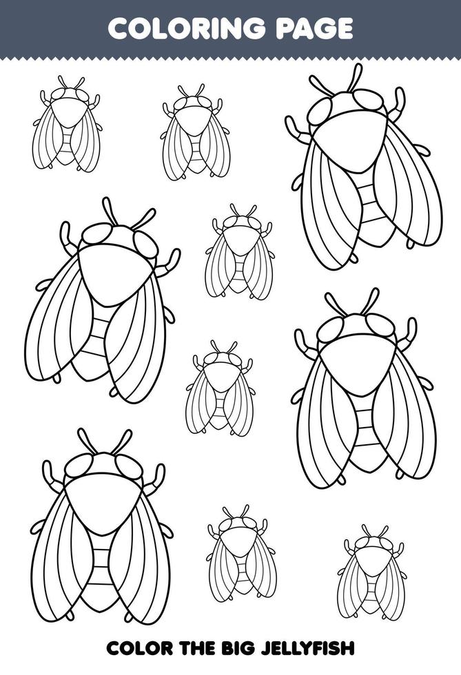 Education game for children coloring page big or small picture of cute cartoon cicada line art printable bug worksheet vector