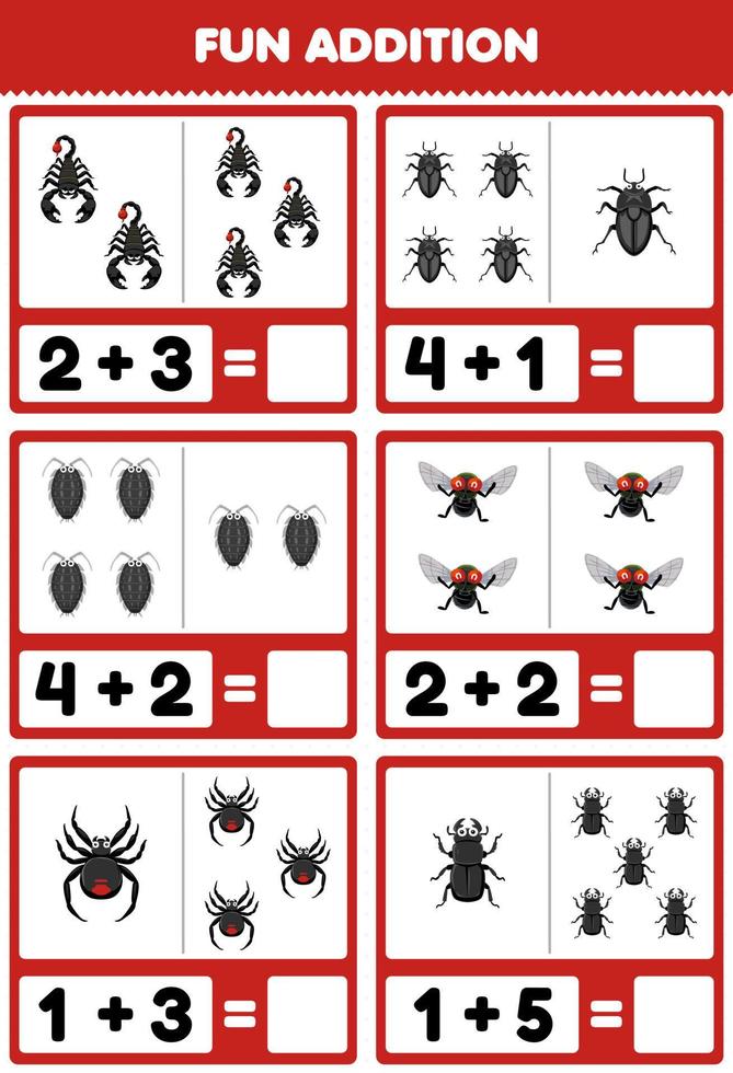 juego educativo para niños divertido además contando y sumando dibujos animados lindo escarabajo escorpión piojo mosca araña hoja de trabajo de error imprimible vector