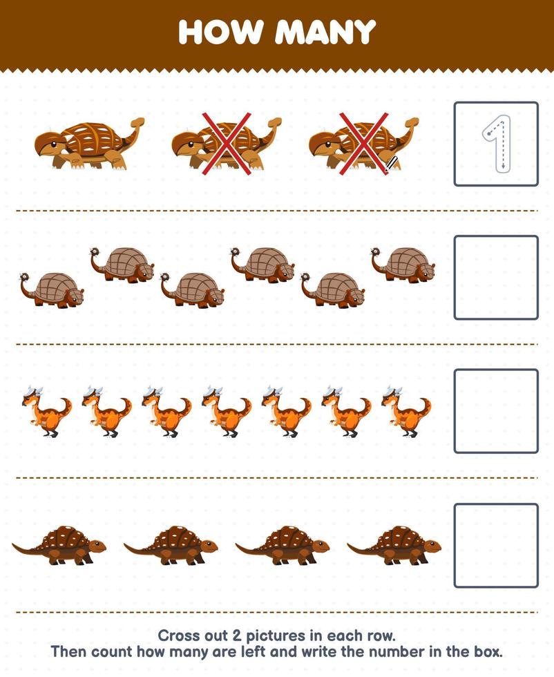 juego educativo para niños cuente cuántos dinosaurios marrones de dibujos animados lindos y escriba el número en el cuadro hoja de trabajo de dinosaurio prehistórico imprimible vector