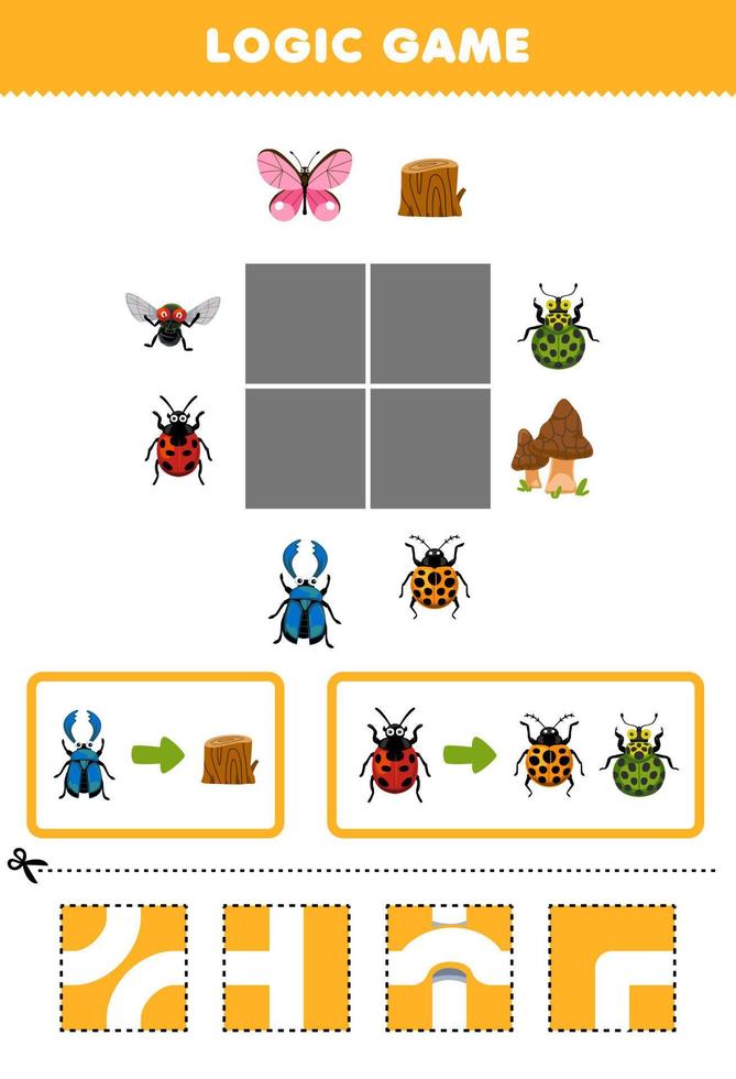 juego educativo para niños rompecabezas de lógica construye el camino para que el escarabajo muévase al tronco de madera y la hoja de trabajo imprimible de insectos de la mariquita vector