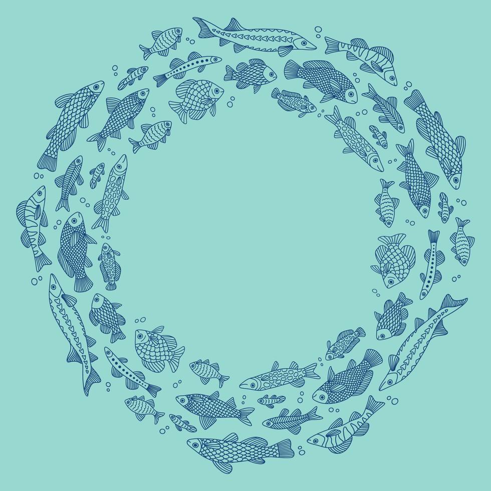 Vector doodle circle background with fishes of different shapes with various hand-drawn patterns, isolated
