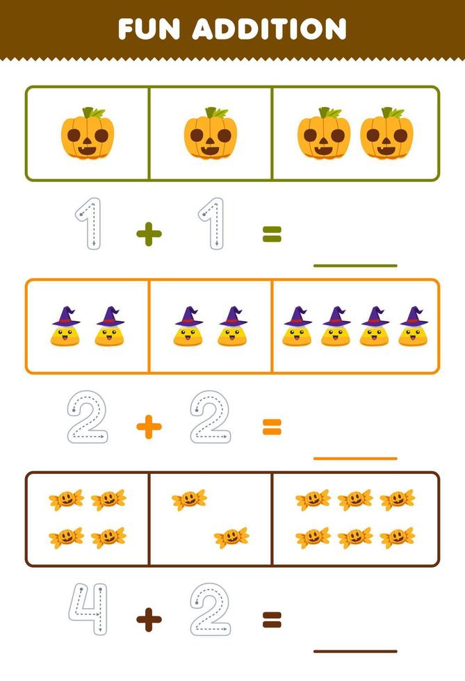 Education game for children fun addition by counting and tracing the number of cute cartoon pumpkin corn candy printable halloween worksheet vector