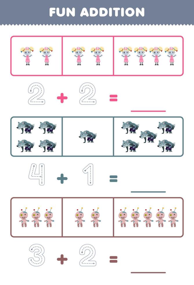 Education game for children fun addition by counting and tracing the number of cute cartoon zombie girl werewolf voodoo doll printable halloween worksheet vector