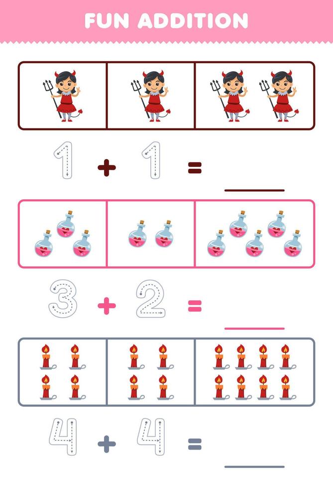 Education game for children fun addition by counting and tracing the number of cute cartoon devil girl potion bottle candle printable halloween worksheet vector