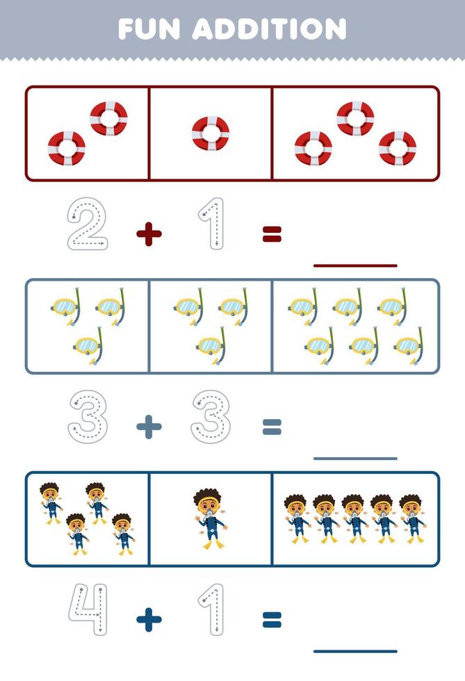 Education game for children fun addition by counting and tracing the number of cute cartoon diver printable profession worksheet vector