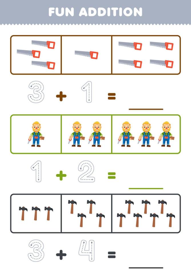 Education game for children fun addition by counting and tracing the number of cute cartoon saw carpenter hammer printable profession worksheet vector