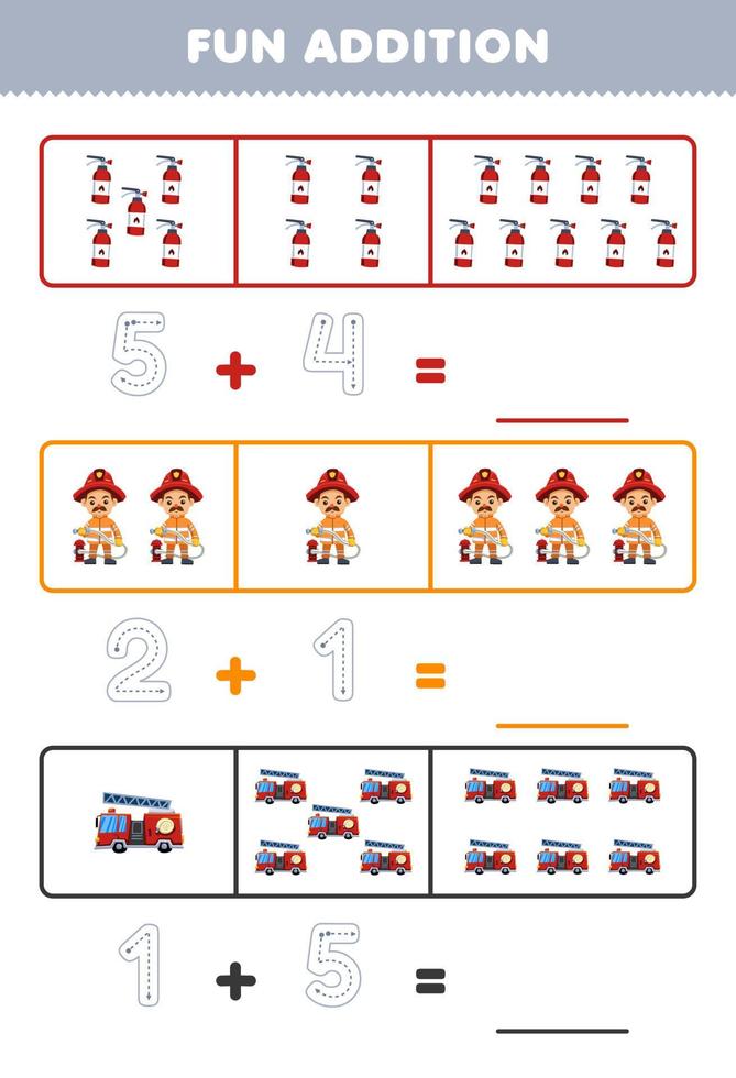 Education game for children fun addition by counting and tracing the number of cute cartoon extinguisher firefighter firetruck printable profession worksheet vector