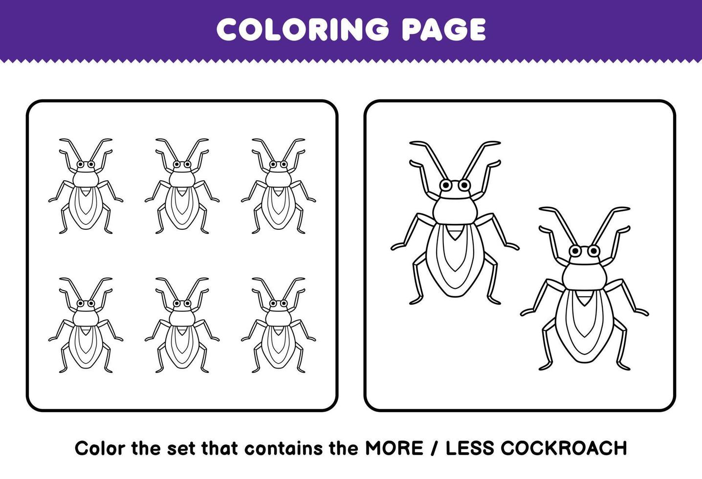 juego educativo para niños página para colorear más o menos imagen de cucaracha de dibujos animados lindo conjunto de arte lineal hoja de trabajo de error imprimible vector