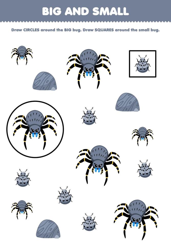 Education game for children arrange by size big or small by drawing circle and square of cute cartoon spider ladybug stone printable bug worksheet vector