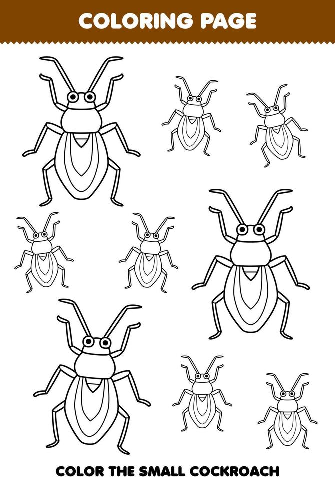 Education game for children coloring page big or small picture of cute cartoon cockroach line art printable bug worksheet vector
