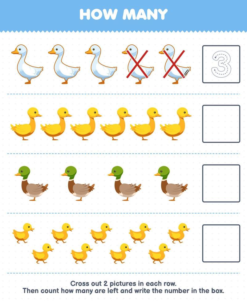Education game for children count how many cute cartoon goose duck duckling and write the number in the box printable farm worksheet vector