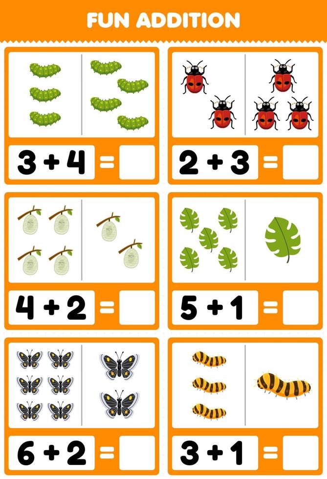 Education game for children fun addition by counting and sum of cute cartoon caterpillar ladybug cocoon leaf butterfly silkworm printable bug worksheet vector