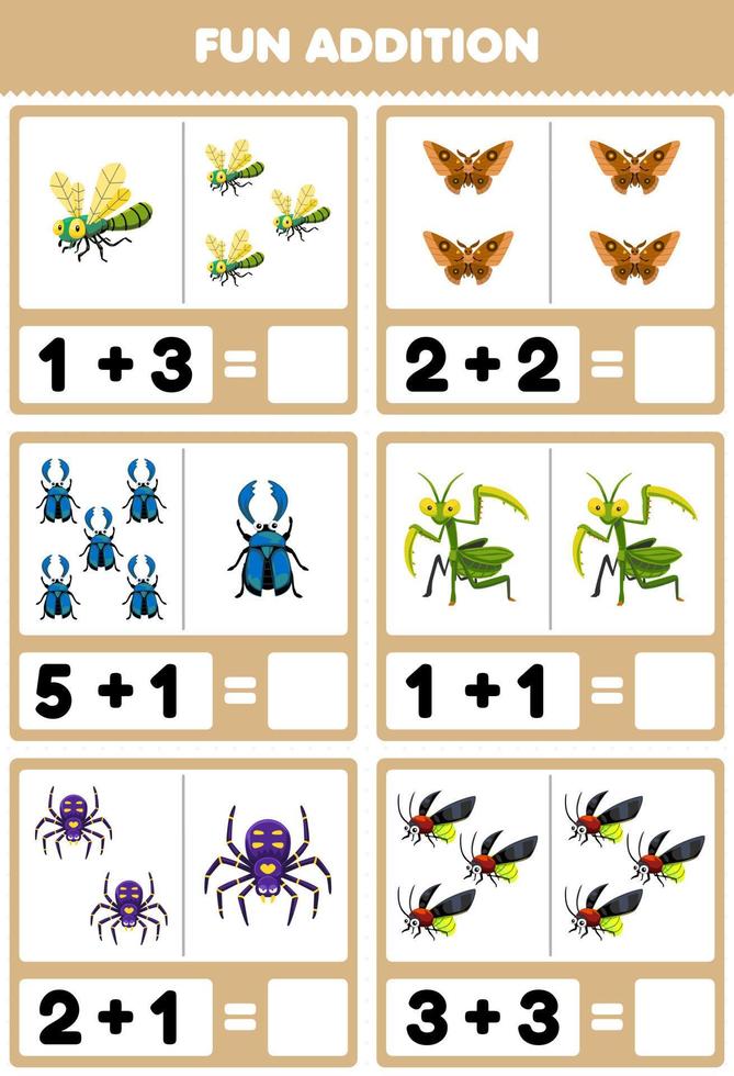 Education game for children fun addition by counting and sum of cute cartoon dragonfly butterfly beetle mantis spider firefly printable bug worksheet vector