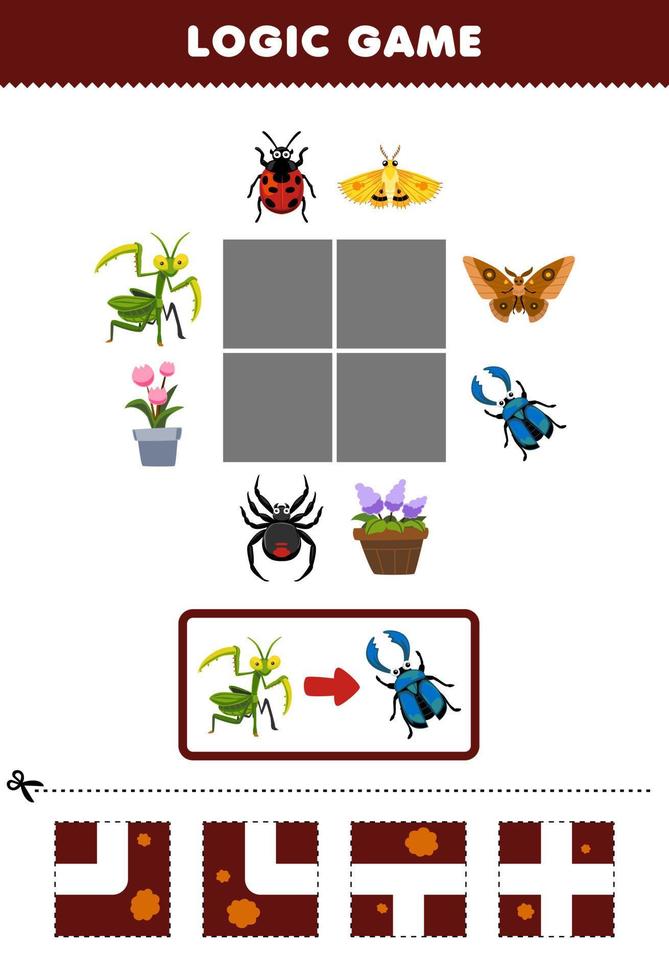 juego educativo para niños rompecabezas de lógica construir el camino para mantis mover a escarabajo hoja de trabajo de error imprimible vector