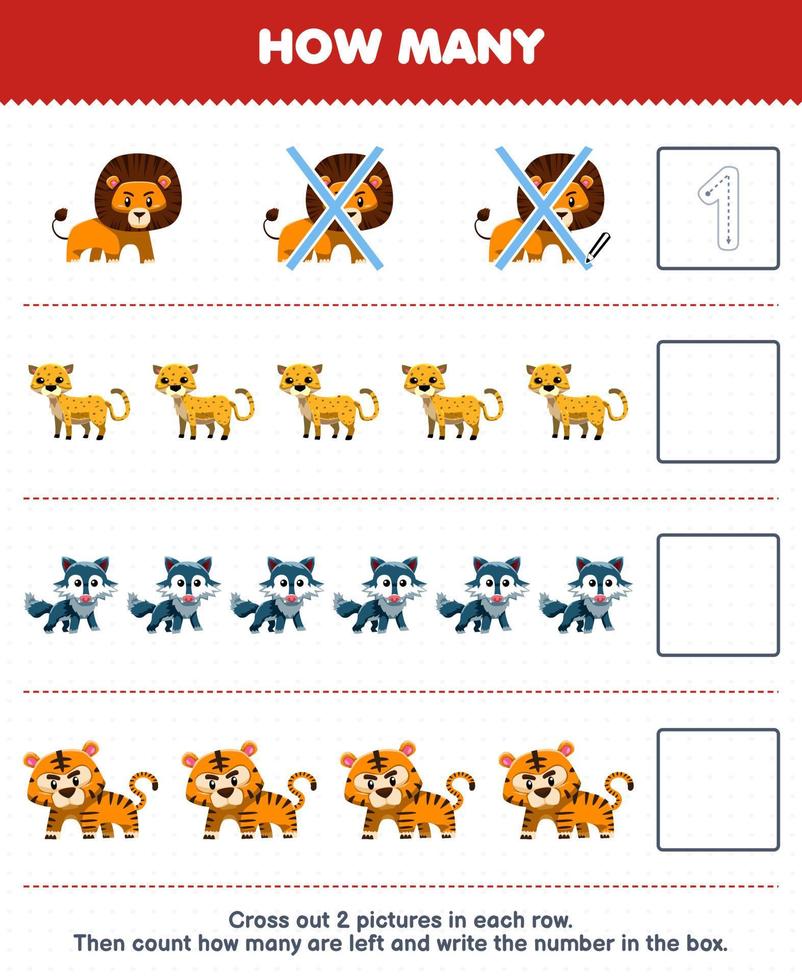 Education game for children count how many cute cartoon lion cheetah wolf tiger and write the number in the box printable animal worksheet vector