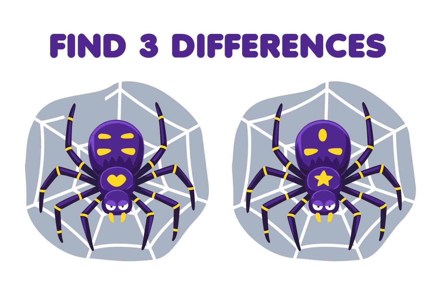 Education game for children find three differences between two cute cartoon spider in the web printable bug worksheet vector