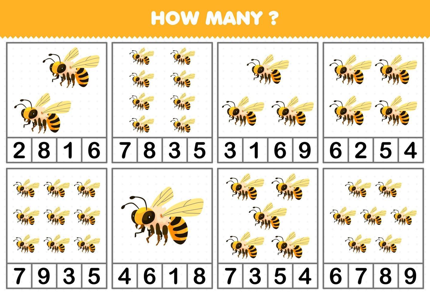 Education game for children counting how many cute cartoon bee in each table printable bug worksheet vector