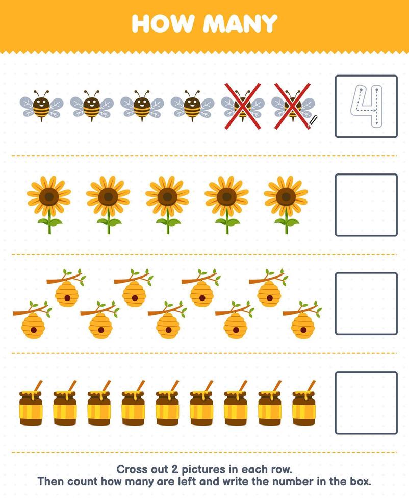 Education game for children count how many cute cartoon bee sunflower beehive honey and write the number in the box printable farm worksheet vector