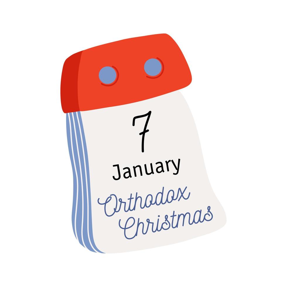 Tear-off calendar. Calendar page with Orthodox Christmas date. January 7. Flat style hand drawn vector icon.