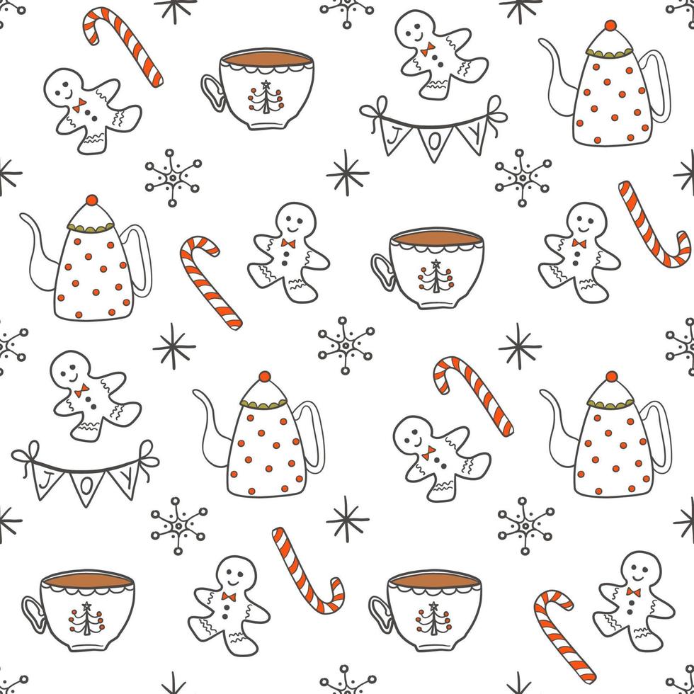 Cute Christmas background. Seamless doodle style pattern with  Winter festive elements on white backdrop. Vector illustration for wrapping paper, fabric, textile.