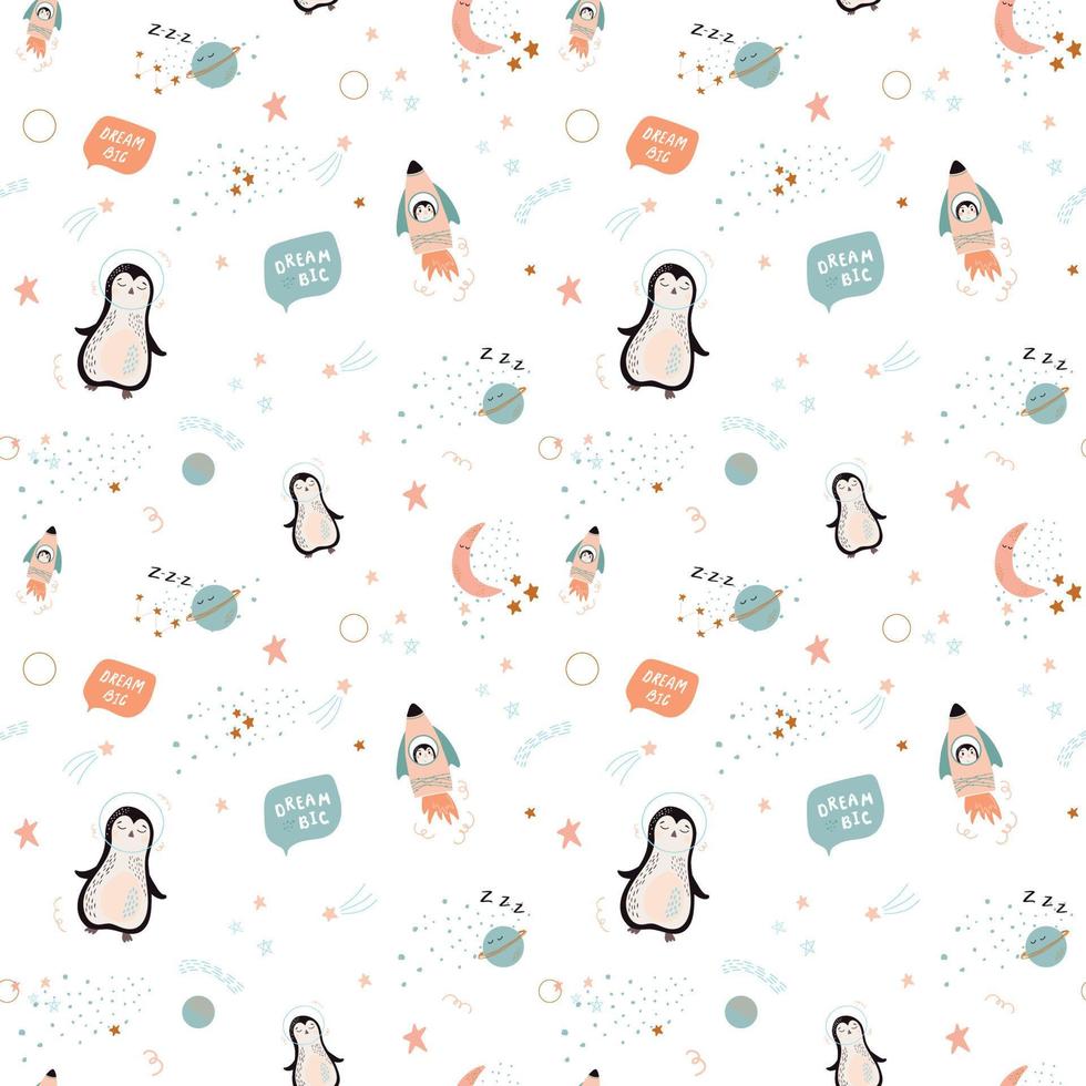 Colorful baby space vector seamless pattern with penguins, stars, rockets and planets. Vector illustration in simple hand drawn Scandinavian style. Best for baby nursery, clothes, baby shower decor.
