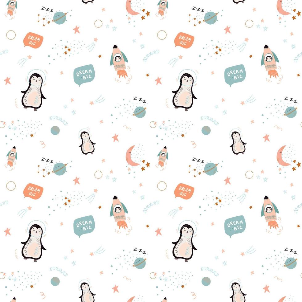 Colorful baby space vector seamless pattern with penguins, stars, rockets and planets. Vector illustration in simple hand drawn Scandinavian style. Best for baby nursery, clothes, baby shower decor.