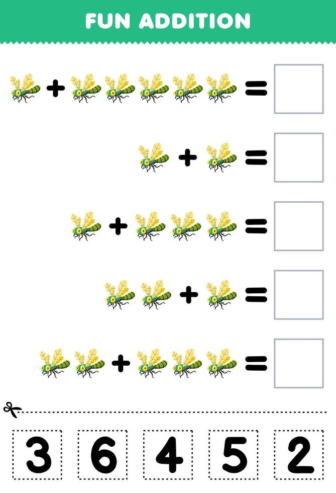 Education game for children fun addition by cut and match correct number for cute cartoon dragonfly printable bug worksheet vector