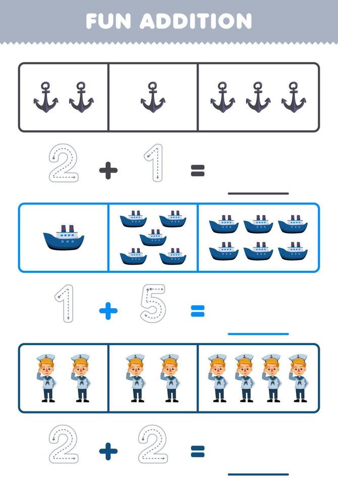 Education game for children fun addition by counting and tracing the number of cute cartoon anchor ship sailor printable profession worksheet vector