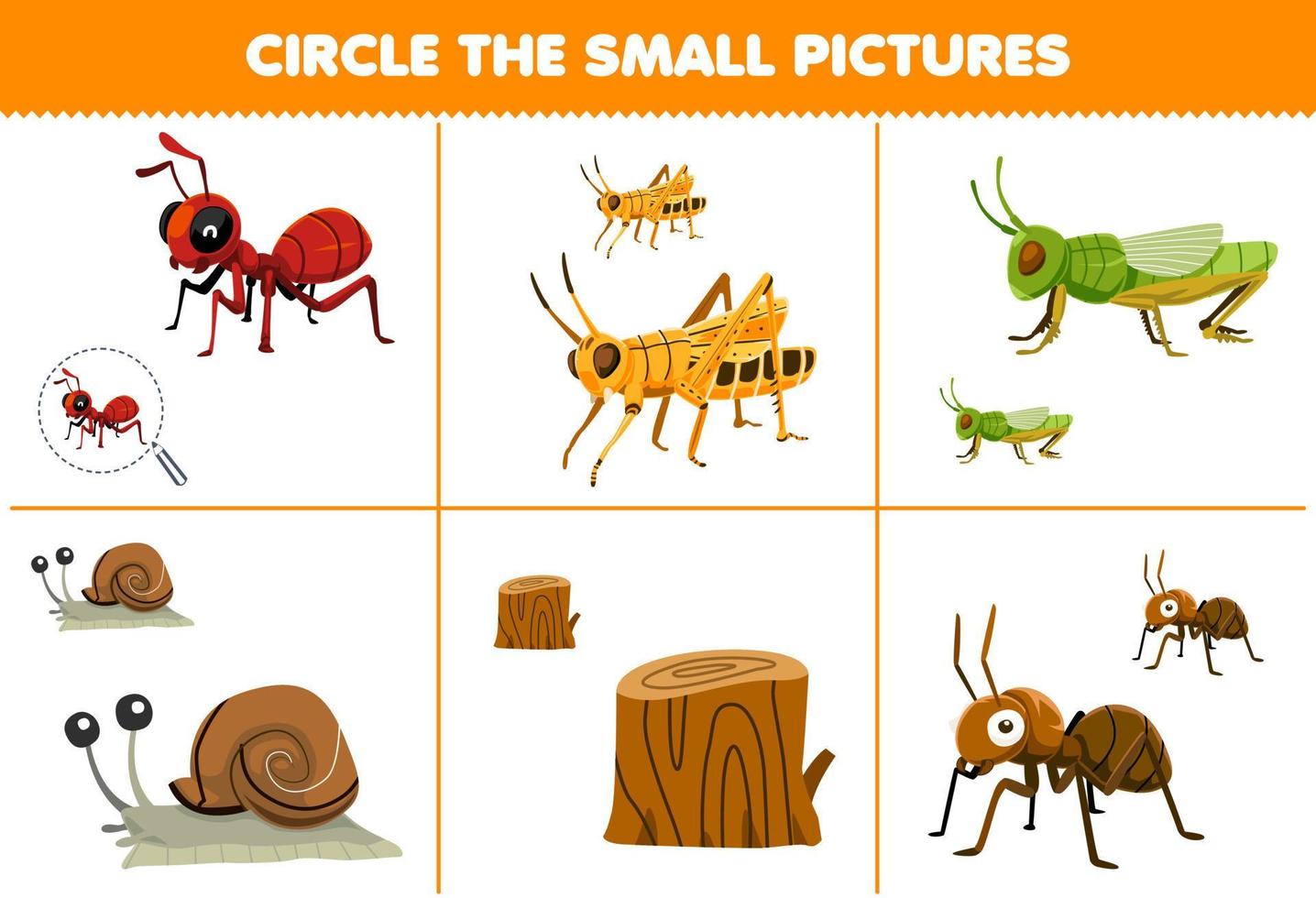 juego educativo para niños, elija la imagen pequeña de una hormiga de dibujos animados lindo, saltamontes, caracol, registro de madera, hoja de trabajo de error imprimible vector