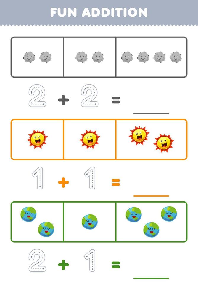 Education game for children fun addition by counting and tracing the number of cute cartoon sun and planet printable solar system worksheet vector