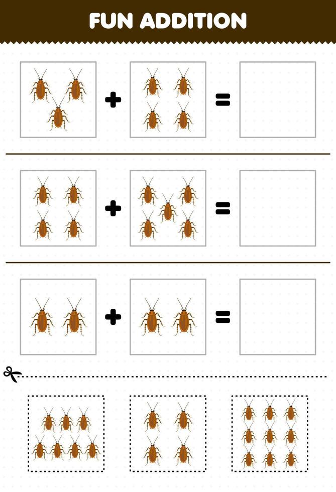 juego educativo para niños divertido además de cortar y combinar imágenes de cucarachas de dibujos animados lindos para la hoja de trabajo de insectos imprimible vector