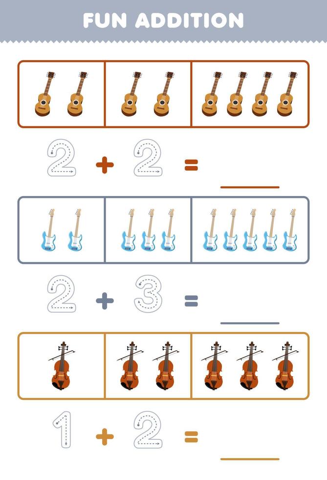 Education game for children fun addition by counting and tracing the number of cartoon guitar bass violin printable music instrument worksheet vector