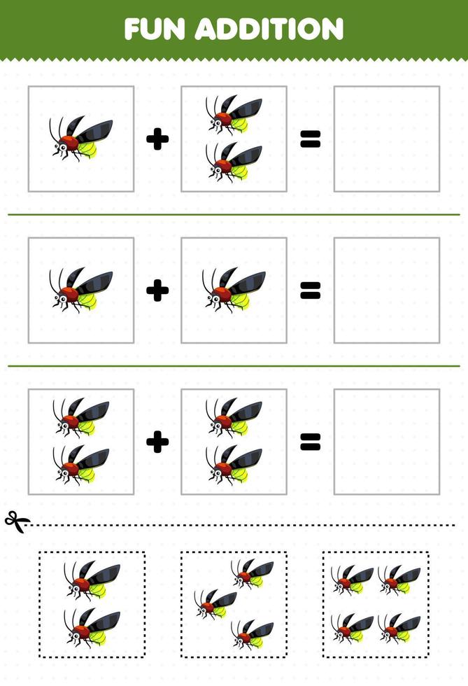 Education game for children fun addition by cut and match of cute cartoon firefly pictures for printable bug worksheet vector