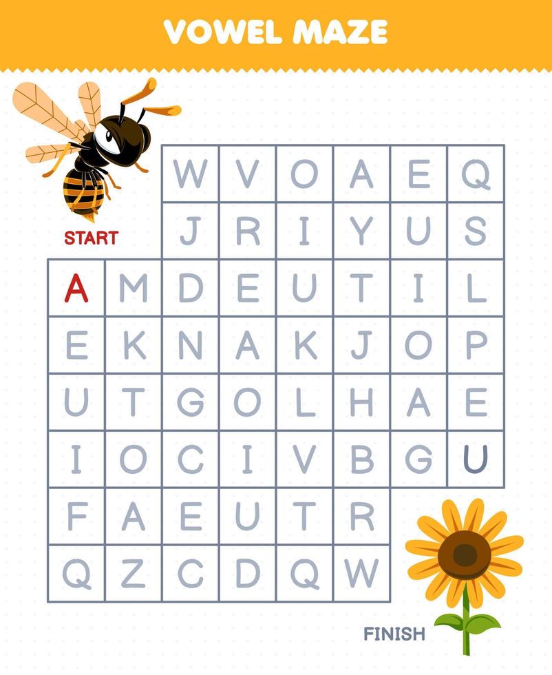 Education game for children vowel maze help cute cartoon bee move to sunflower printable bug worksheet vector